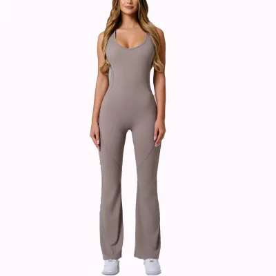Custom Logo Women's Flare Leg Open Back Jumpsuit Sculpt Butt Lifting Bodysuit Removable Padding Yoga Jumpsuits for Women
