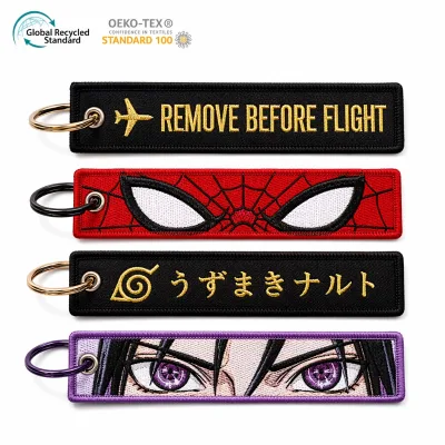 Custom Woven Label Keychain Embroidered Key Ring Tag Rectangular Metal Grommet Split Ring Bag Accessory Luggage Promotional Gift