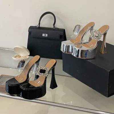 Sexy Summer Square Toe Rhinestone Buckle Thick Heel Platform Sandals Slides Open Toe Wedding Shoes