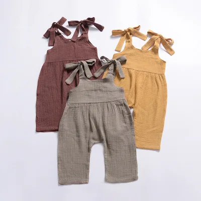 Summer Pure Color Cotton and Linen Sleeveless Newborn Unisex Baby Jumpsuit