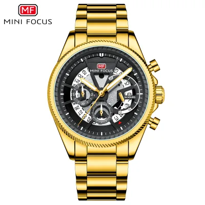 MINI FOCUS 0490G Business Waterproof Mens Gold Watches Luxury Date Display Luminous Quartz Men Watch Stainless Steel Strap
