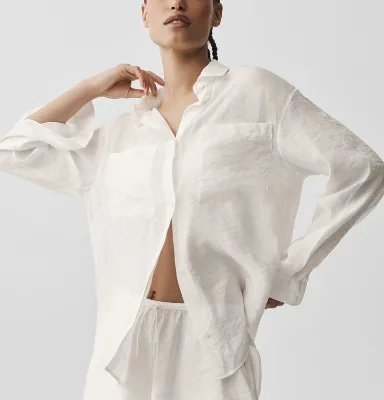 ODM Women Solid Lightweight Silky Woven Semi Sheer Oversized Loose Fit Dual Chest Pocket Button Long Sleeve Spring Summer