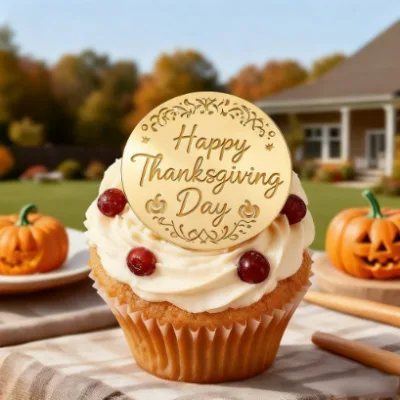 Wide Range Happy Thanksgiving Acrylic Maple Leaf Cupcake Toppers Laser-Engraved Cake Decoration
