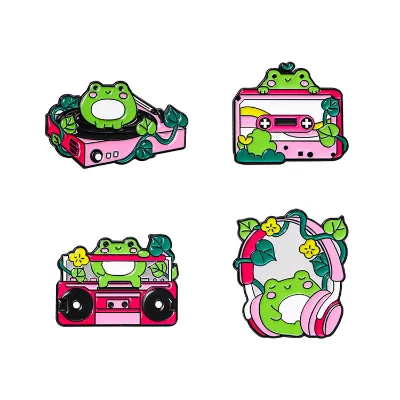 Cartoon Frog Brooch Vigorous Cute Pink Music Headphones Tape Enamel Lapel Pin Custom
