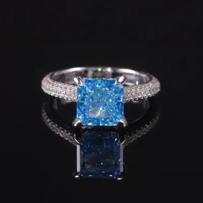 AR053 Abiding Luxury Custom Cushion Shape 9x9MM Ice Cut Diamond-fire CZ Aqua Blue Cubic Zirconia Engagement Half Eternity Ring