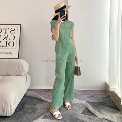 Customizable Casual Fashionable New All-Match Long T-Shirt Straight Pants Pleated Solid Color Two-Piece Set for Women
