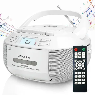 CD Player Boombox Cassette Combo with AM/FM Radio Remote Control Tape Recording LCD Display Home Kids Gift DC Power Source