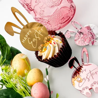 2026 Paper Easter Bunny Mirror Cake Pendant Cupcake Topper Decoration Gift Label Disposable