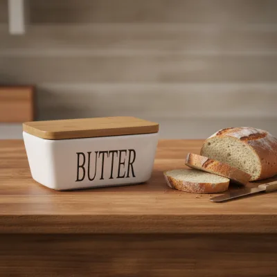 Custom Eco-Friendly Modern White Decal Porcelain Plate Ceramic Butter Dish with Bamboo Lid