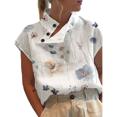 Leisure Summer Women Tops Blouse Vintage Floral Print Short Sleeve White Blouses Casual Buttons Slit Stand Neck Blouse