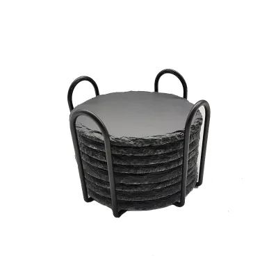 Direct Manufacturer Natural Slate Round Coaster With Metal Holder Slate Coasters Set