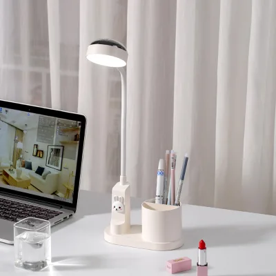 New Design Cute Rabbit LED Desk Lamp with Pen Holder, USB Rechargeable Flexible Neck Reading Light for Study Room & Kids Bedroom