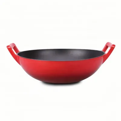 12Inch Direct Factory Multi Purpose Enameled Cast Iron Wok Nonstick Enamel Wok Pan With Double Handle