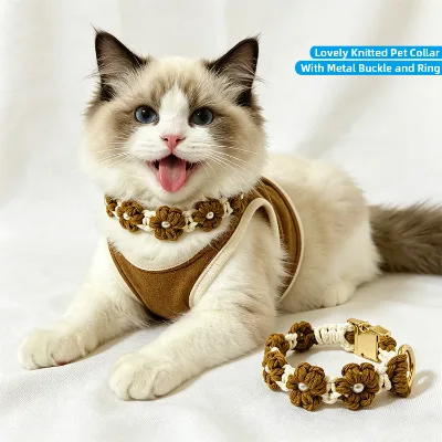 Soft Cute Woven Flower Pearl Decoration Metal Buckle Necklace Pet Collar for Small Dogs Cats