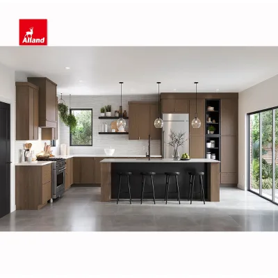 Allandcabinet Modern Luxurious Style Kitchen Cabinet With MDF Wood Veneer Lacquer Slim Shaker Handless Mocha and White Island