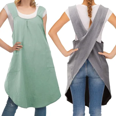 New Product Fashionable Linen Apron Style Cooking Custom Size Cross Back Aprons for Women with 2-pocket