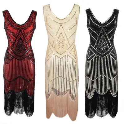 Women Party Dress 1920 s Great Gatsby Flapper Vestidos Sequin Bead Fringe Dress Evening V Neck Sleeveless Plus Size Women Dress