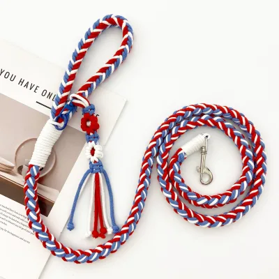 Wholesales Manufacturer Anti-Impact Non-Stretching Pet Dog Leash Hand-Woven Multi-Functional Striped Collar with Ribbons Decor
