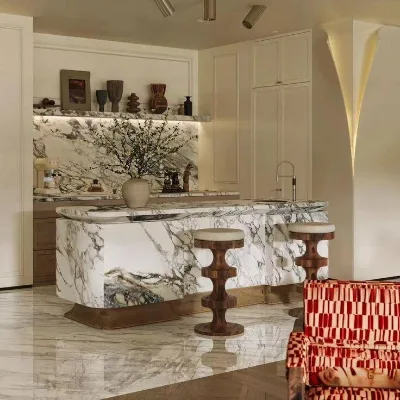 Natural Calacatta White Marble Kitchen Island With Breakfast Bar & Built-In Sink for Home Kitchen