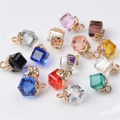Mixed Colors Cube Glass Diamond Colorful Pendant Necklaces Cuba Square Crystal Charm Pendant Bulk for Jewelry Making