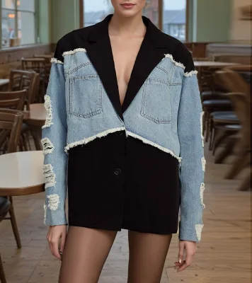 ZHEZHE 2024 Autumn New Fashion Casual Sexy Ladies Long Sleeved Denim Patchwork Jeans Suit Jacket for Women