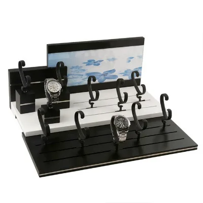 High-End Custom LOGO Black Wooden Watch Display Stand Elegant Counter Display Rack