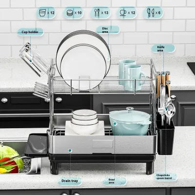 Single/Double-Layer Stainless Steel Dinnerware Drain Rack Kitchen Table Top Cup Dish Rack Household Metal Storage Rack