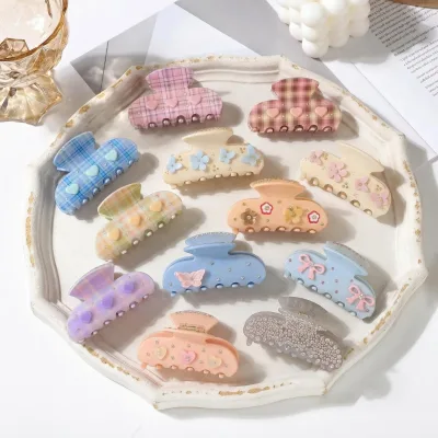 Korean Style Acetate Hair Claw Clips Rhinestone Plaid Floral Shark Clips for Women Girls Updo Bun Daily Hair Accessories