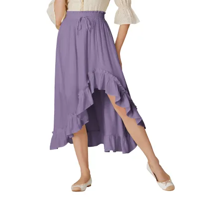 Women Renaissance Irregular Hem Skirt Drawstring Waist Women Soft Fabric Long Ruffle Hem Skirt