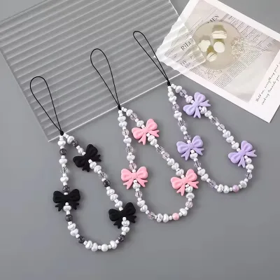 Fashion Bowknot Detachable Phone Charm Lanyard Bow Heart Imitation Pearl Beaded Chain Cute Wrist Strap Multicolored 22cm Y2K