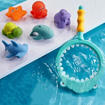 Bath Toy: Lion Water Sprayer with Net for Catching FishChildren's Animal Squeeze Toy and Floating Water Play Set