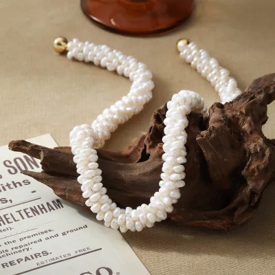 Wholesale Freshwater Pearl Braided Beaded Clavicle Chain Short Multi-layer Rice Pearl Necklace Magnetic Buckle Sweater Chain