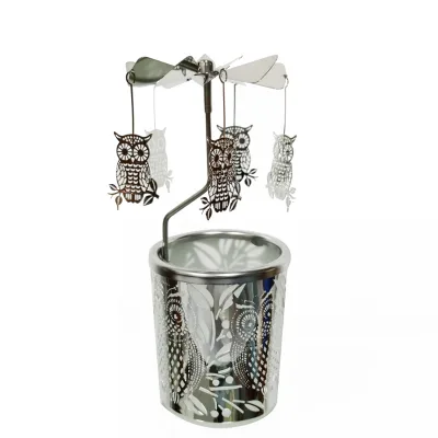 Custom Swedish Design Silver Owl Around Glass Tealight Rotary Spinning Candle Holder for Children's Holiday Gifts