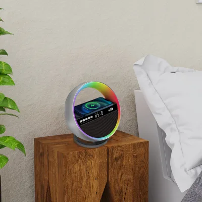 Most Popular Modern Design ABS Speaker Night Light Wireless Charger 15W for FM Radio Alarm LED Lamp Bedroom