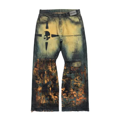 DIZNEW Printed Jeans Yellow Green Acid Wash Skull Cross Totem Print Earthy Camo Patch Rip Raw Hem Flare Gothic Custom OEM