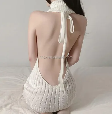 Hot Sales Sexy Women's Backless High Neck Japanese Anime Cosplay Sweater Open Chest One-piece Baby Knitted Womens Sexy Underwear