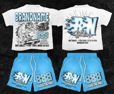 Men's Two Piece Set DTG Printed Graphic Cotton Acid Washed Tees Set Magliette Da Uomo Elastic Drawstring T Shirt and Shorts Set