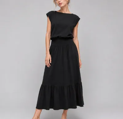 Womens Black Maxi Dress Smocked Waist Sleeveless Relaxed Fit Casual Long Dress OEM ODM Private Label Factory Wholesale Clothing