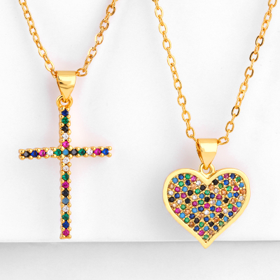 Hot Selling Cross Heart Pendant Necklace Colour Crystal Diamond Inlaid Zircon Necklace