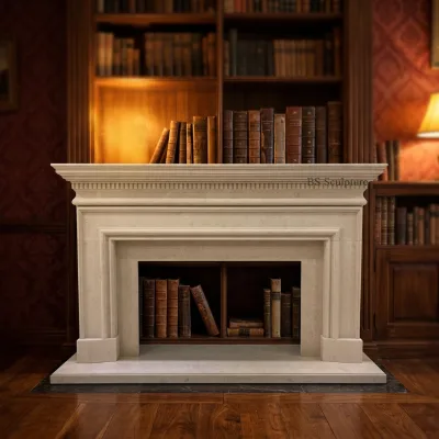 Classic English Style Crema Portugal Marble Fireplace Mantel Simple Straight Line Design for Villa Interior Decoration