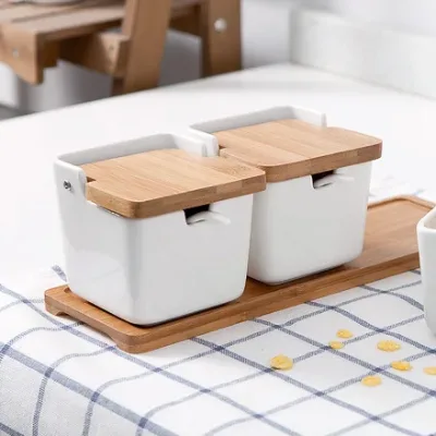 Ceramic Herb & Spice Tools Seasoning Box Set with Bamboo Lid