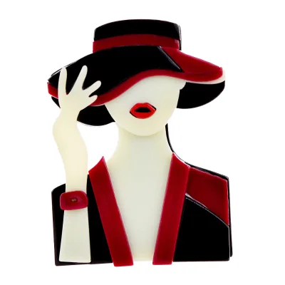 Acrylic Cute Engagement Brooch with Girl Wearing Hat Design Red High-end Unisex