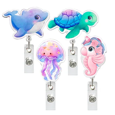 New Bling Cute Cartoon ID Badge Reel Holder Lovely Summer Sea Turtle Jellyfish Dolphin Easy Pull Rotating Nursing Accessory