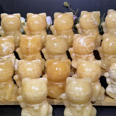 Wholesale Natural Yellow Calcite Maneki Neko Carving Hand Carved Lucky Fortune Cat Crystal Figurine for FengShui Home Decor Gift