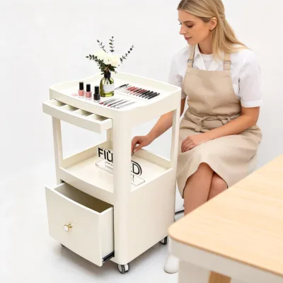 White Finish Salon Trolley With Secure Drawer Two Shelf for Barber Salon Easy Assembly Rolling Wheels Salon Trolley