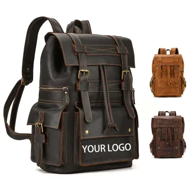 High Quality Genuine Leather Vintage Backpack with Metal Buckles Spacious Multiple Compartments for Daily Travel Use