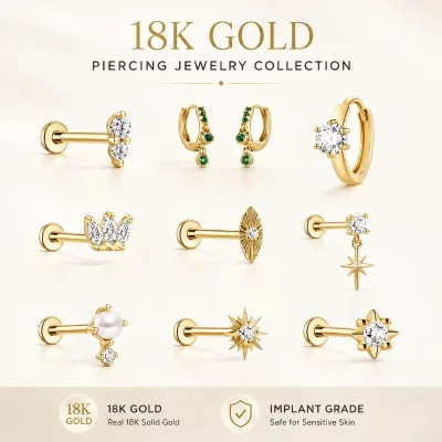 Implant Grade 18K Solid Gold Piercing Jewelry Emerald Dangle Hoop Crown Marquise Star Pearl Flat Back Labret Cartilage Earring