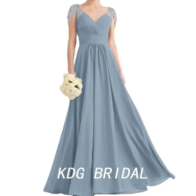 Sweetheart Custom Made Beaded Tulle Backless Satin Gray Pleated Black Chiffon Dress A-line Misty Dusty Blue Bridesmaid Dresses