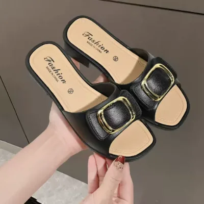 Women Square Toe Metal Buckle PVC Slide Sandals Mid Block Heel Fashion Outdoor Slippers Elegant Summer Slip