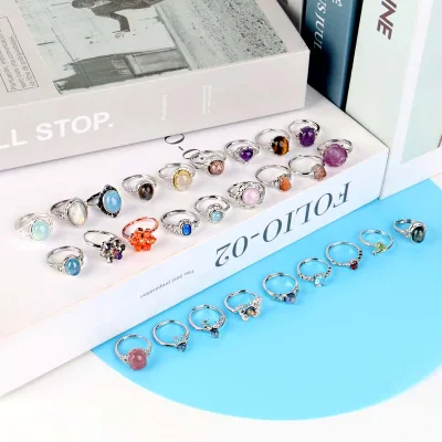 Wholesale Natural Wire Wrapped Crystal Rings Polished Raw Stone Rings Crystal Semi-precious Rings